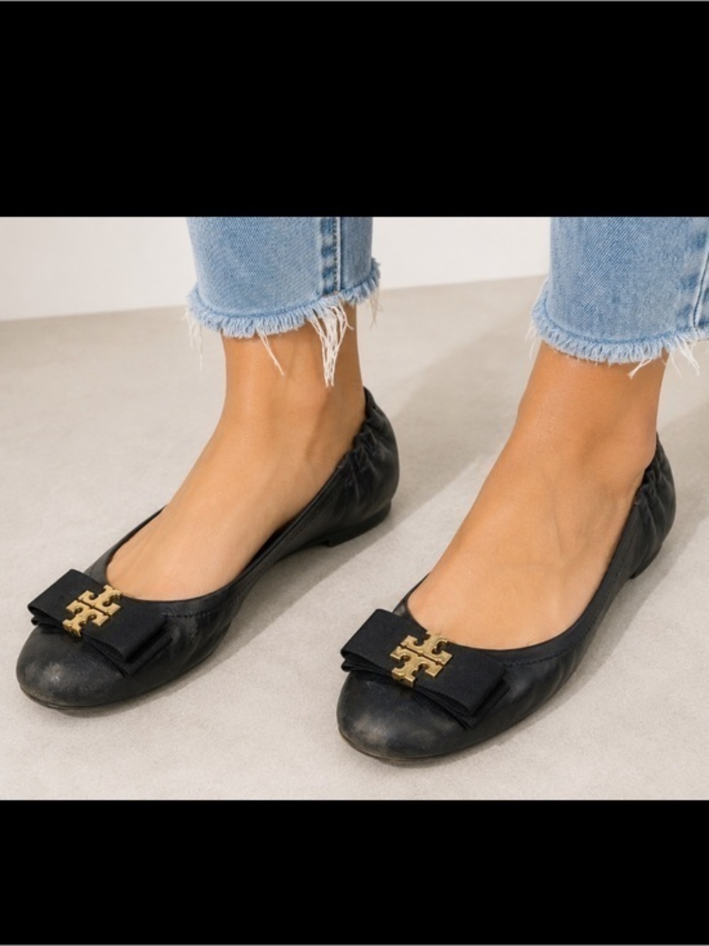 Tory Burch Black Leather Reva Ballet Flats Gold Logo Bow Size 10.5